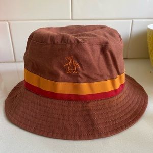 Penguin Brand Bucket Hat - brown with orange and red stripe ribbon